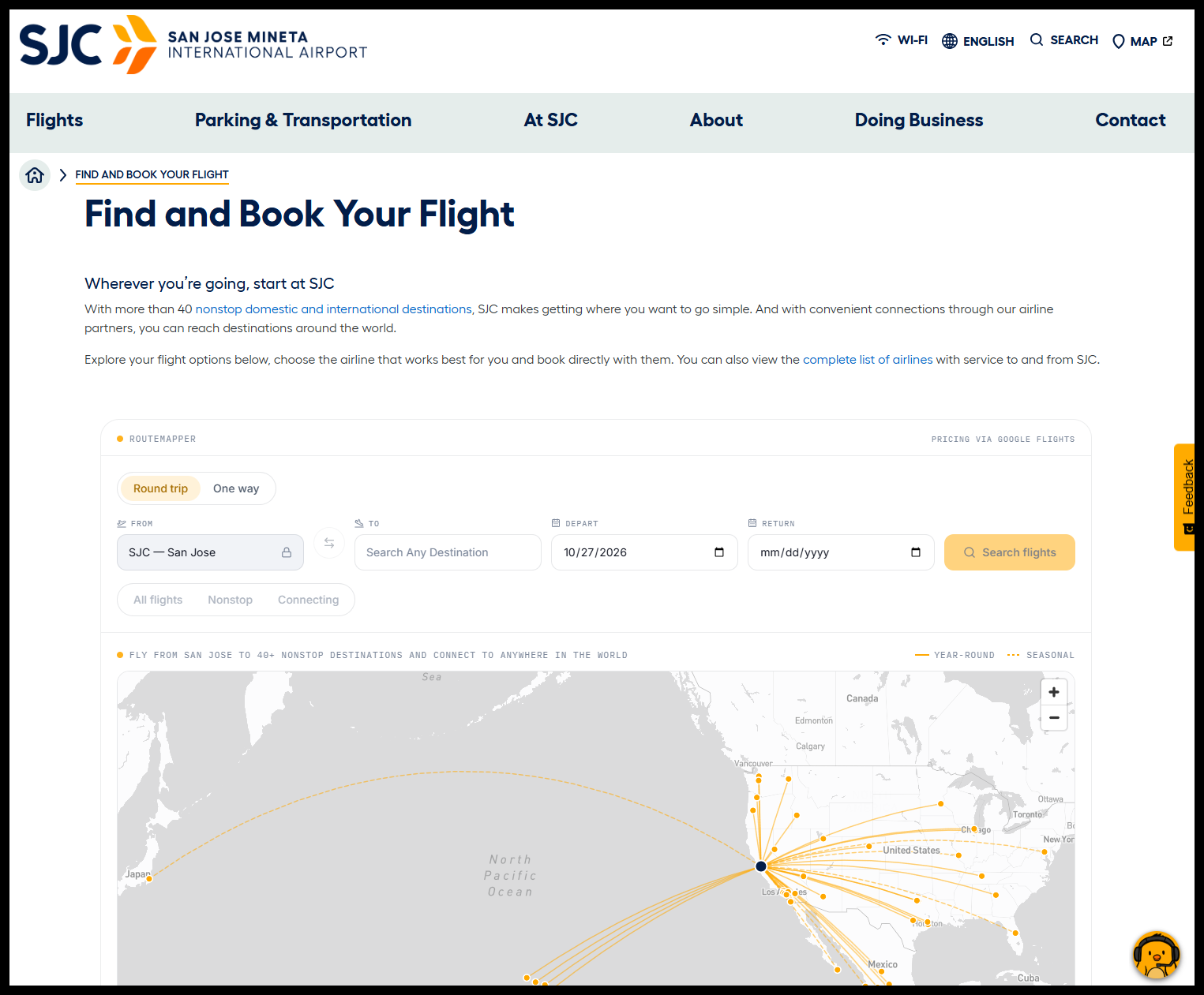 Screenshot of Flight Booking Page on SJC website
