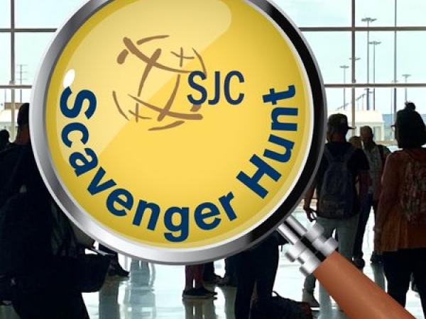 Magnifying glass in terminal. Text says "SJC Scavenger Hunt."