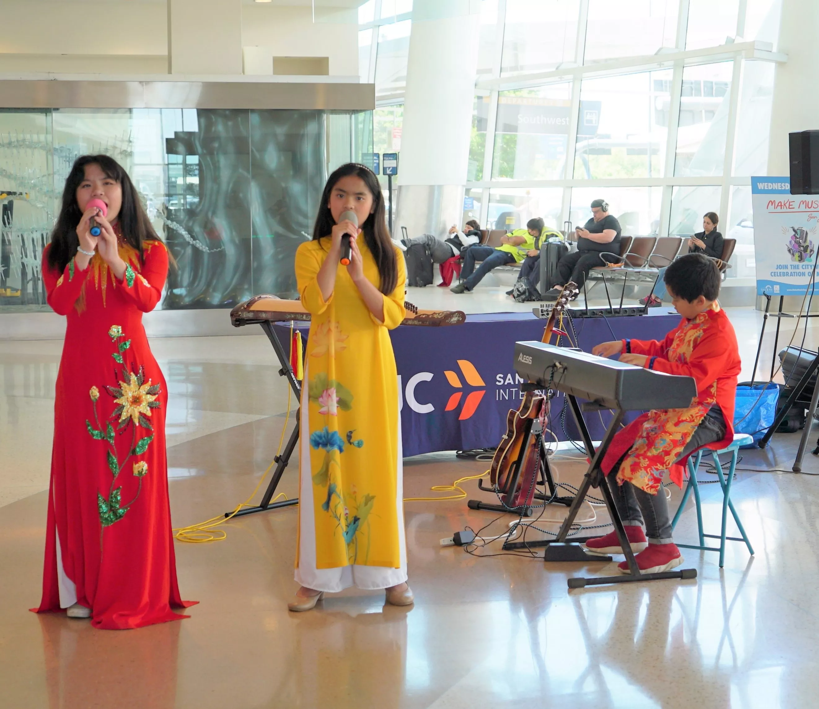 MiFaSol Band performing in Terminal B at Make Music Day 2023.