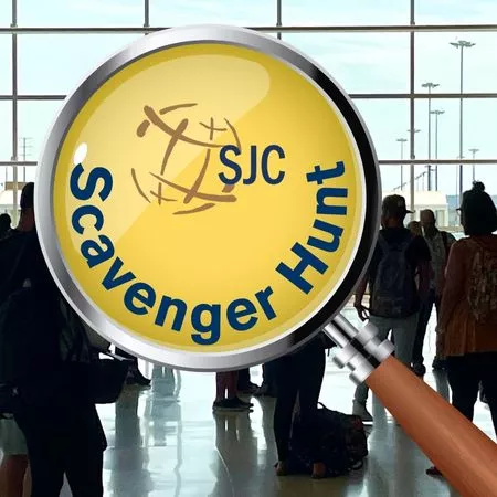 Magnifying glass in terminal. Text says "SJC Scavenger Hunt."