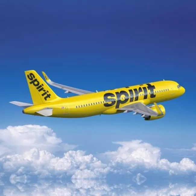 Image of A Spirit Airlines airplane soars through blue skies.